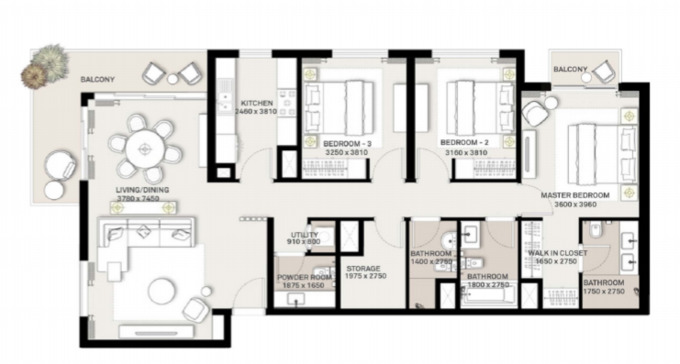 Planning of the apartment 3BR, 1586 ft2 in Green Square, Dubai