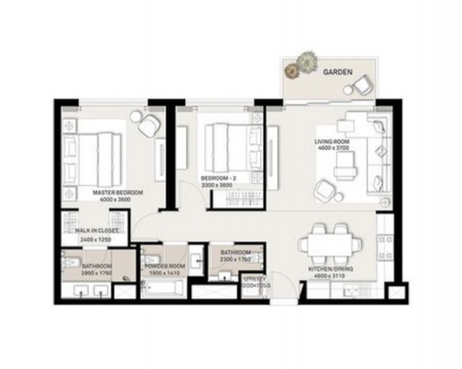 Planning of the apartment 2BR, 1005 ft2 in Green Square, Dubai