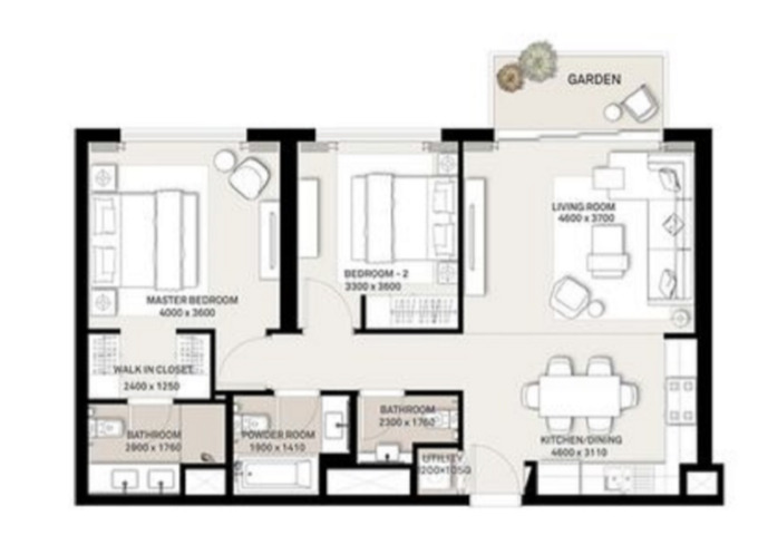 Planning of the apartment 2BR, 1008 ft2 in Green Square, Dubai