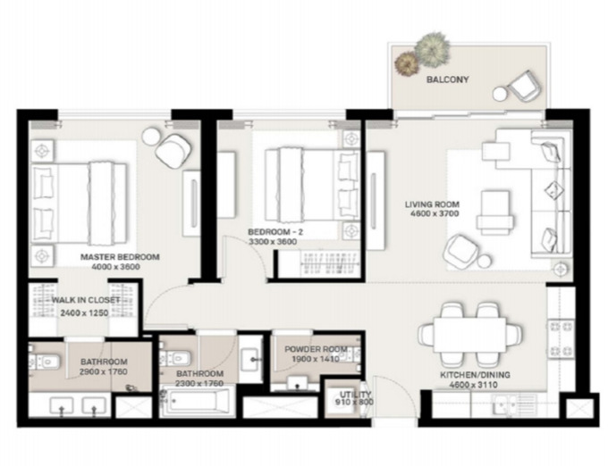 Planning of the apartment 2BR, 996 ft2 in Green Square, Dubai