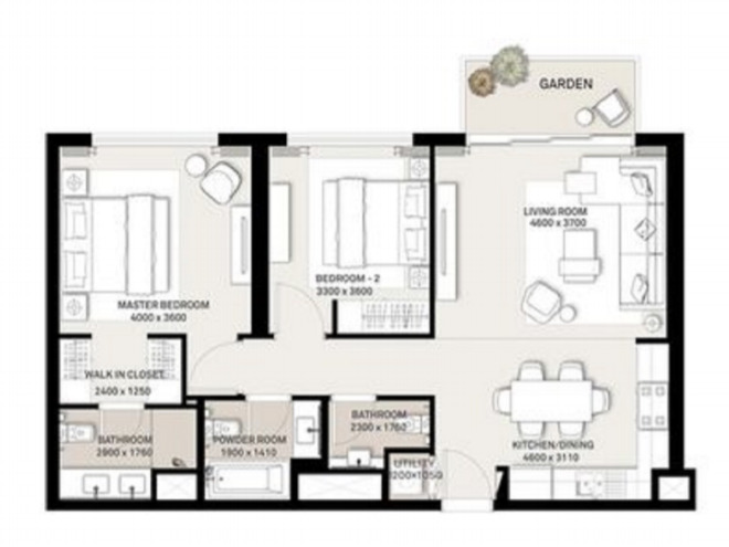 Planning of the apartment 2BR, 1008 ft2 in Green Square, Dubai