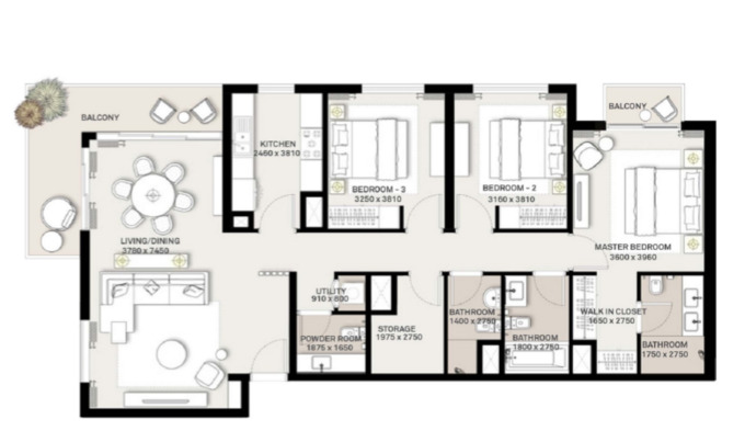 Planning of the apartment 3BR, 1586 ft2 in Park Ridge Apartments, Dubai