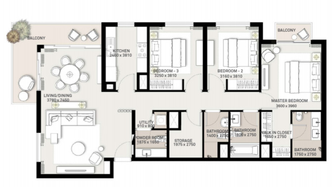 Planning of the apartment 3BR, 1583 ft2 in Park Ridge Apartments, Dubai