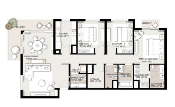 Planning of the apartment 3BR, 1583 ft2 in Park Ridge Apartments, Dubai