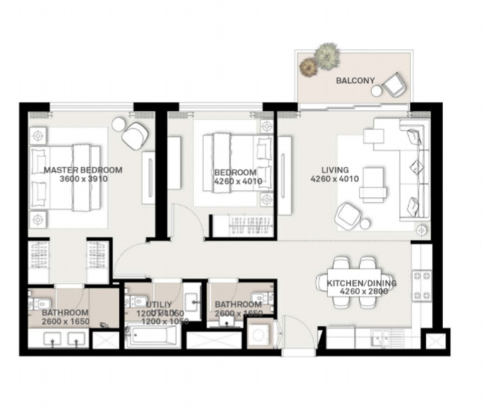 Planning of the apartment 2BR, 997 ft2 in Park Ridge Apartments, Dubai