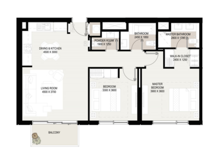 Planning of the apartment 2BR, 996 ft2 in Park Ridge Apartments, Dubai
