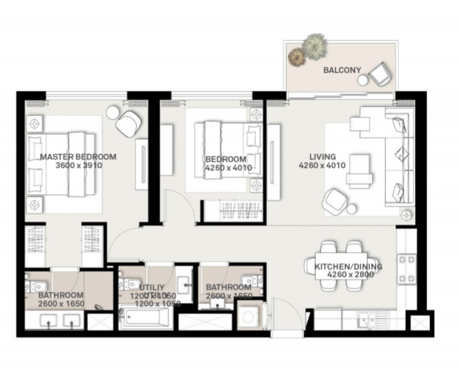 Planning of the apartment 2BR, 999 ft2 in Park Ridge Apartments, Dubai