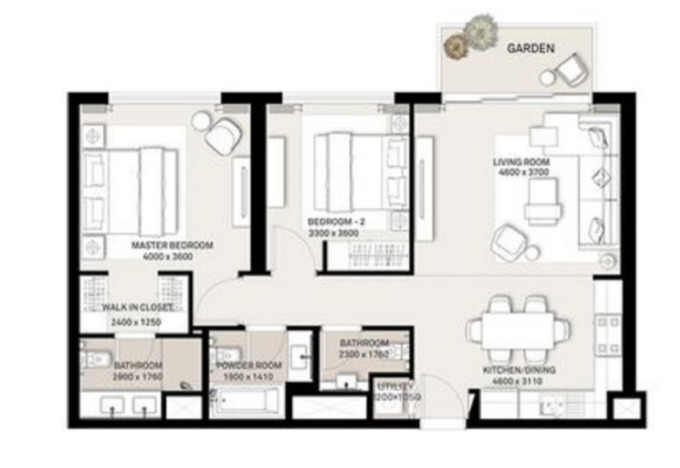 Planning of the apartment 2BR, 1008 ft2 in Park Ridge Apartments, Dubai