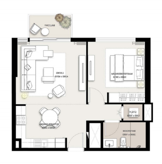 Planning of the apartment 1BR, 651 ft2 in Park Ridge Apartments, Dubai