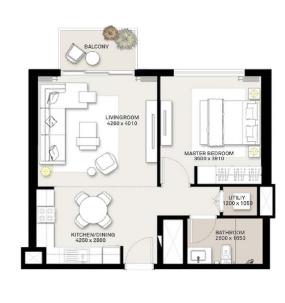 Planning of the apartment 1BR, 650 ft2 in Park Ridge Apartments, Dubai