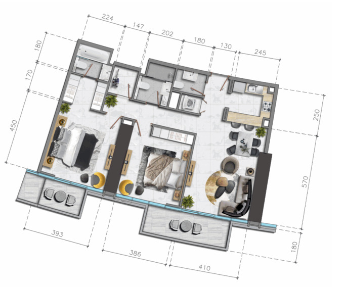 Floor plan of a 2BR, 2214 ft2 in Nobles Residential Tower, Dubai
