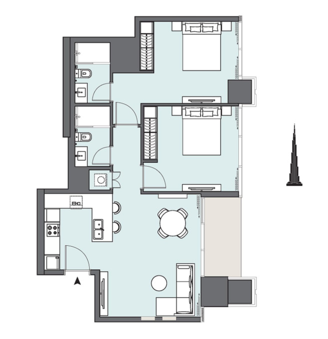 Planning of the apartment 2BR, 947.65 ft2 in Peninsula, Dubai