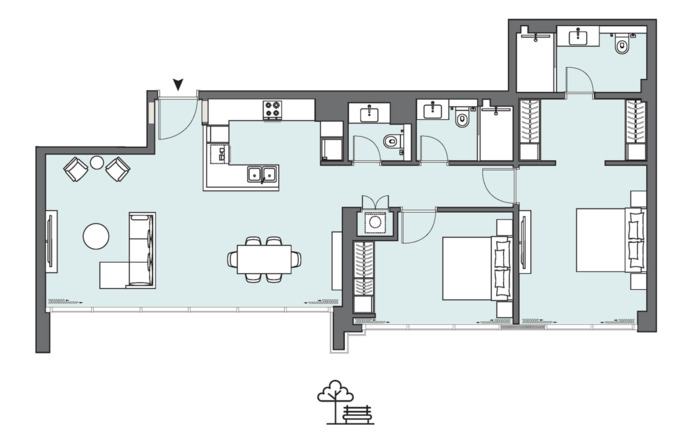 Planning of the apartment 2BR, 1240.75 ft2 in Peninsula, Dubai