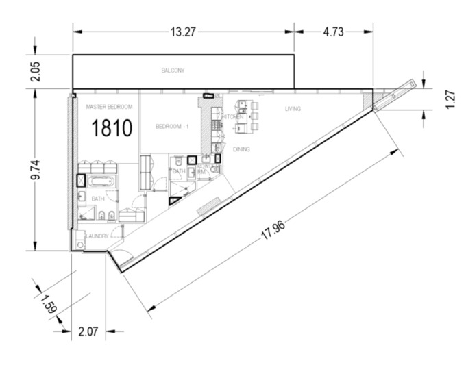 Planning of the apartment 2BR, 1585.95 ft2 in Marquise Square, Dubai