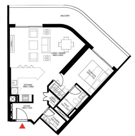 Floor plan of a 1BR, 889.44 ft2 in The Crest, Dubai