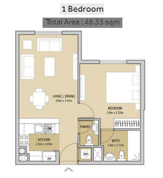 Floor plan of a 1BR, 520 ft2 in Remraam Apartments, Dubai