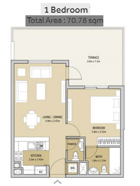 Floor plan of a 1BR, 762 ft2 in Remraam Apartments, Dubai
