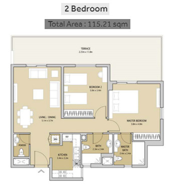 Floor plan of a 2BR, 1240 ft2 in Remraam Apartments, Dubai