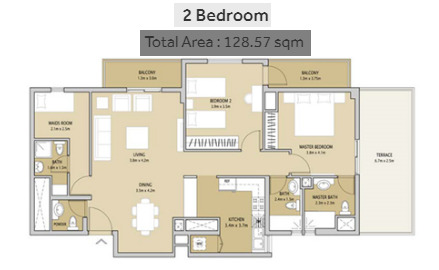 Floor plan of a 2BR, 1384 ft2 in Remraam Apartments, Dubai