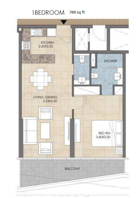 Planning of the apartment 1BR, 749 ft2 in Bloom Heights, Dubai