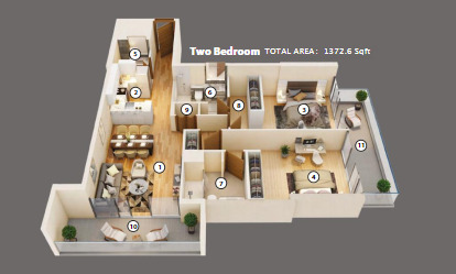 Planning of the apartment 2BR, 1372.6 ft2 in Azizi Mirage, Dubai