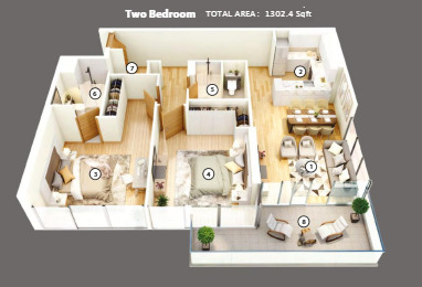 Planning of the apartment 2BR, 1302.4 ft2 in Azizi Mirage, Dubai