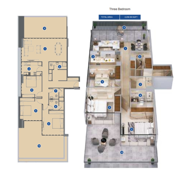Planning of the apartment 3BR, 2259.99 ft2 in Azizi Riviera, Dubai