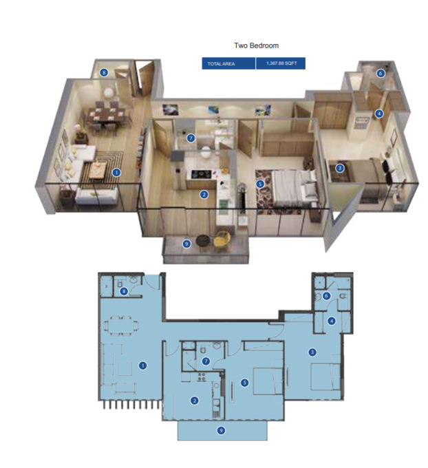 Planning of the apartment 2BR, 1367.88 ft2 in Azizi Riviera, Dubai