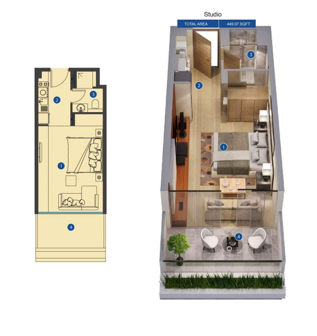 Planning of the apartment Studios, 449.07 ft2 in Azizi Riviera, Dubai