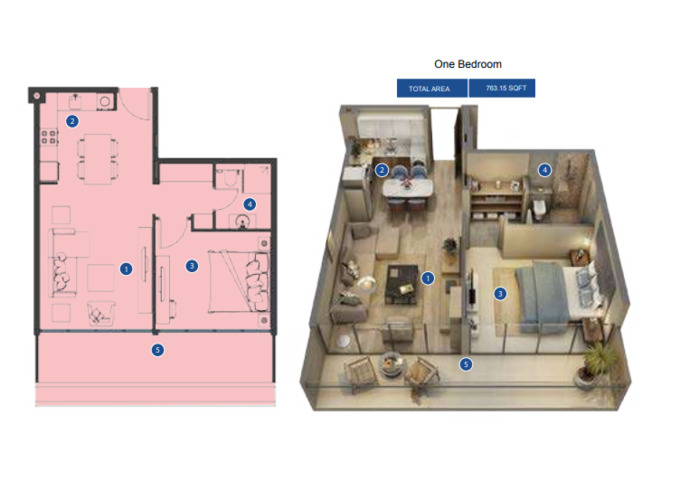 Planning of the apartment 1BR, 763.15 ft2 in Azizi Riviera, Dubai