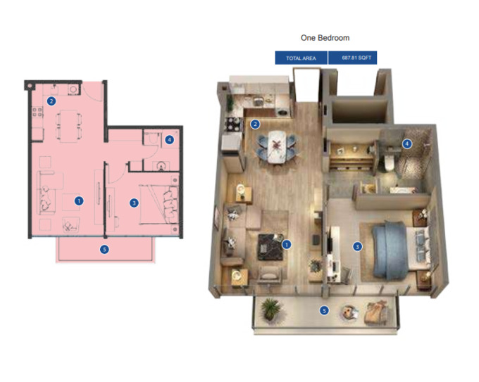 Planning of the apartment 1BR, 687.81 ft2 in Azizi Riviera, Dubai