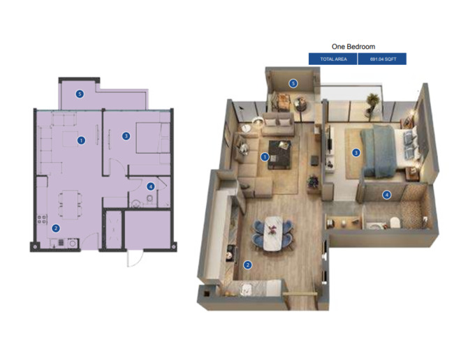 Planning of the apartment 1BR, 691.04 ft2 in Azizi Riviera, Dubai