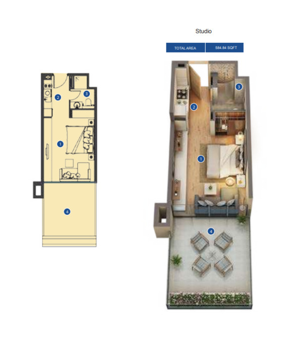 Planning of the apartment Studios, 584.84 ft2 in Azizi Riviera, Dubai