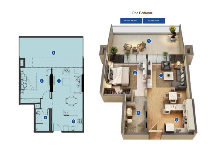 Planning of the apartment 1BR, 903.85 ft2 in Azizi Riviera, Dubai