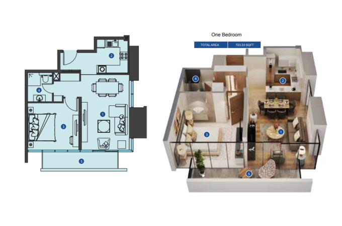 Planning of the apartment 1BR, 723.33 ft2 in Azizi Riviera, Dubai