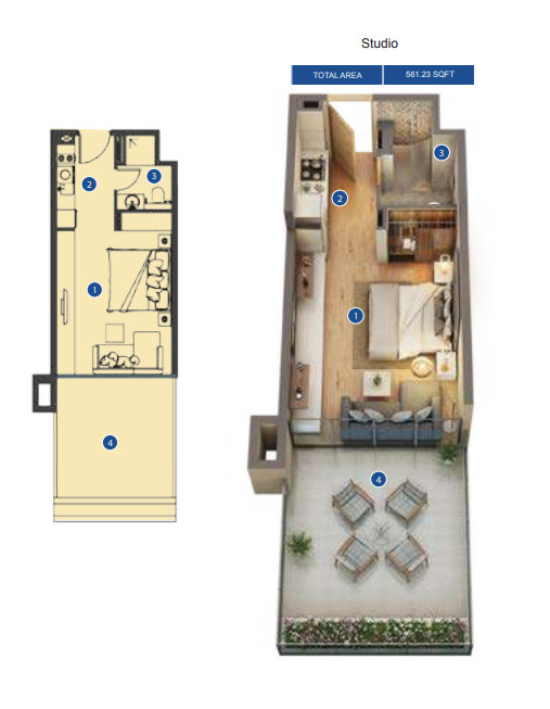 Planning of the apartment Studios, 561.23 ft2 in Azizi Riviera, Dubai