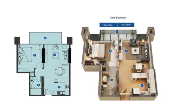 Planning of the apartment 1BR, 693.52 ft2 in Azizi Riviera, Dubai