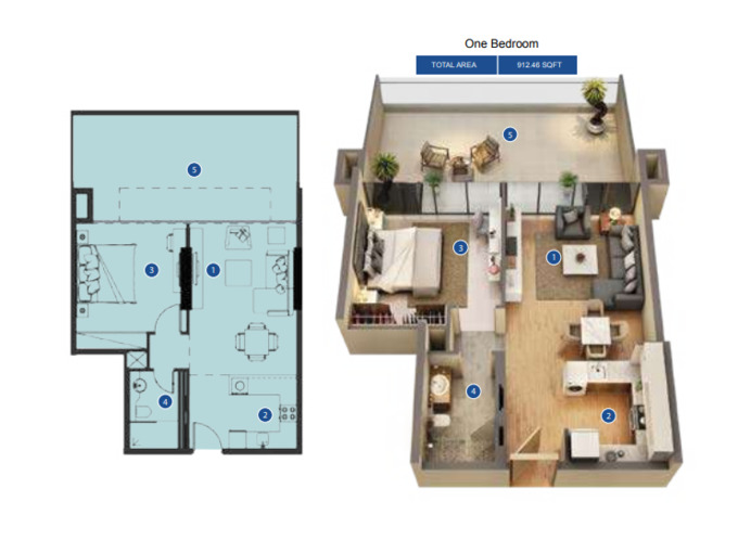 Planning of the apartment 1BR, 912.46 ft2 in Azizi Riviera, Dubai