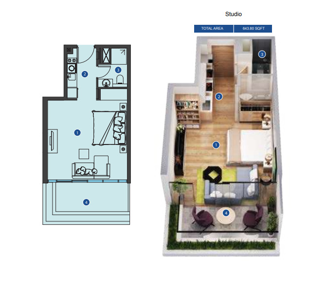 Planning of the apartment Studios, 643.8 ft2 in Azizi Riviera, Dubai