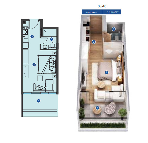 Planning of the apartment Studios, 515.59 ft2 in Azizi Riviera, Dubai