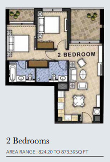 Planning of the apartment 2BR, 824.2 ft2 in Aykon City East Towers, Dubai