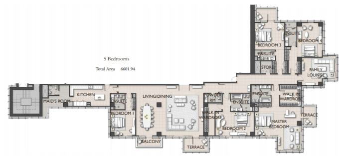 Planning of the apartment 5BR, 6601.94 ft2 in The Residences JLT, Dubai