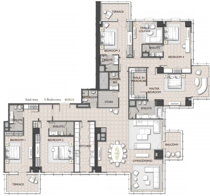 Planning of the apartment 5BR, 4518.15 ft2 in The Residences JLT, Dubai