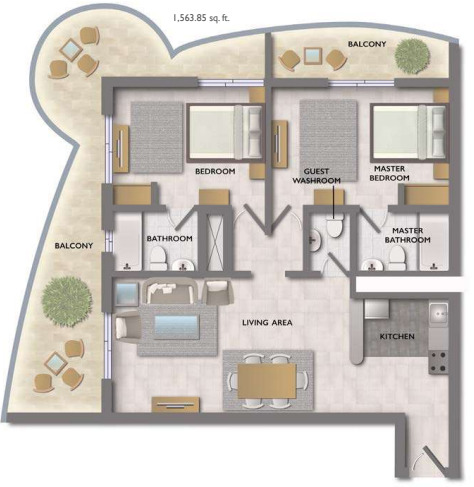 Planning of the apartment 2BR, 1563.85 ft2 in Hera Tower, Dubai