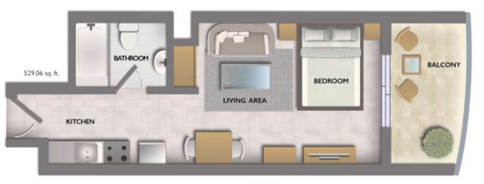 Planning of the apartment Studio, 529.06 ft2 in Hera Tower, Dubai
