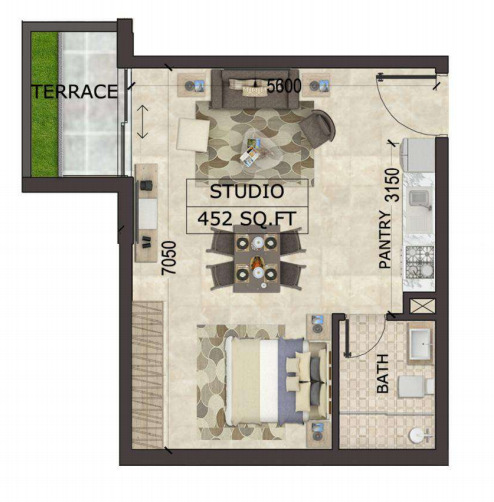 Planning of the apartment Studios, 452 ft2 in MS Zeest International City, Dubai