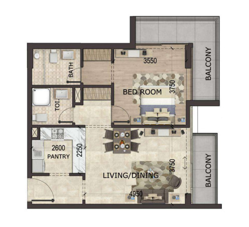 Planning of the apartment 1BR, 944 ft2 in MS Zeest International City, Dubai