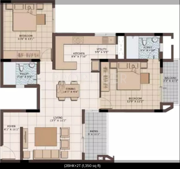 Planning of the apartment 2BR, 1350 ft2 in Symphony Tower, Dubai