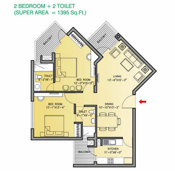 Planning of the apartment 2BR, 1395 ft2 in Park View Residences Apartments, Abu Dhabi