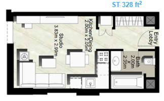 Planning of the apartment Studios, 328 ft2 in Canal Residence West, Dubai